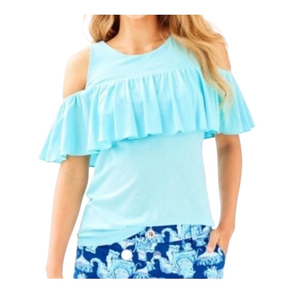 Lilly Pulitzer Cold Shoulder Ruffle Top Womens XS Blue‎ Pima Cotton Resort Wear